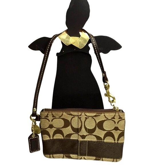 Coach Signature Brown Jacquard Wristlet Purse Clutch Bag Small Zip C Logo - Picture 2 of 6